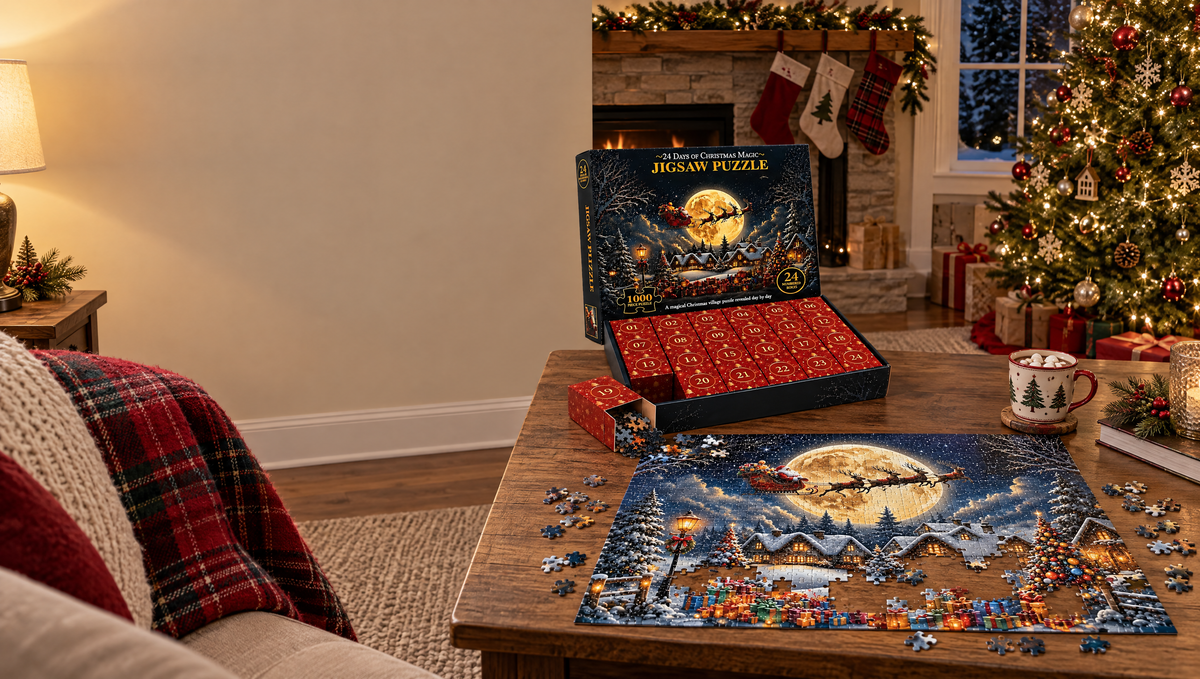 Advent calendar puzzle on a coffee table in a cosy living room