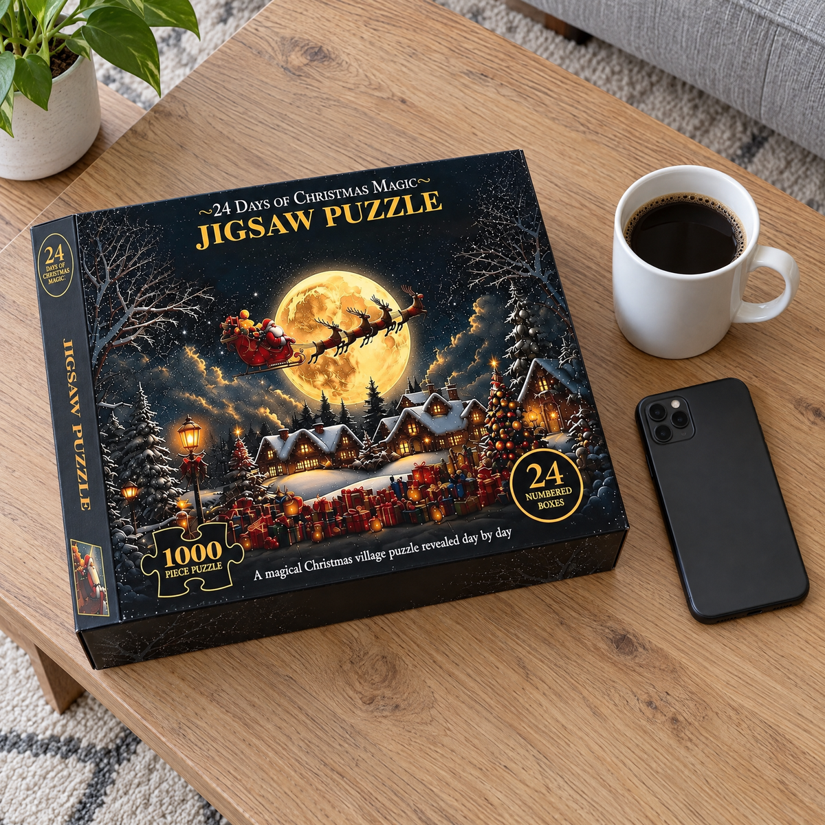 Advent calendar puzzle box next to a coffee mug and phone for size