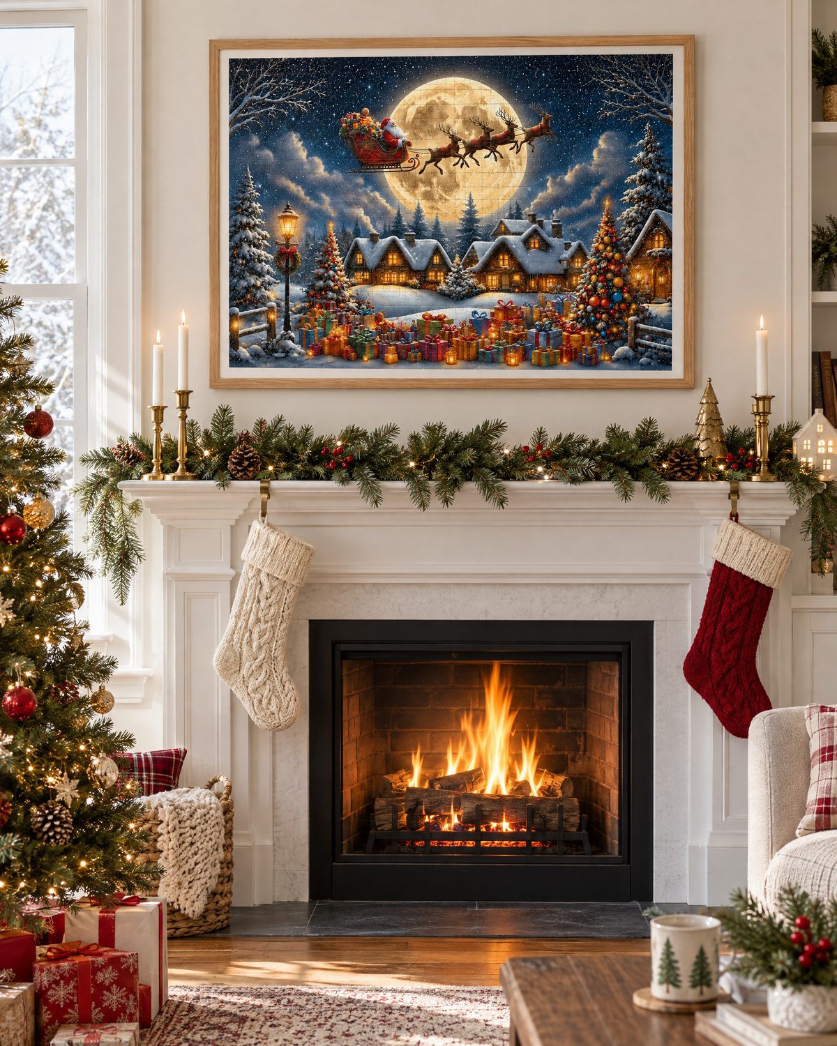 Finished Snow Village puzzle framed above a fireplace