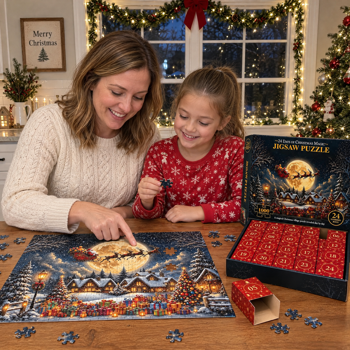 Mom and daughter building the Snow Village puzzle at the kitchen table