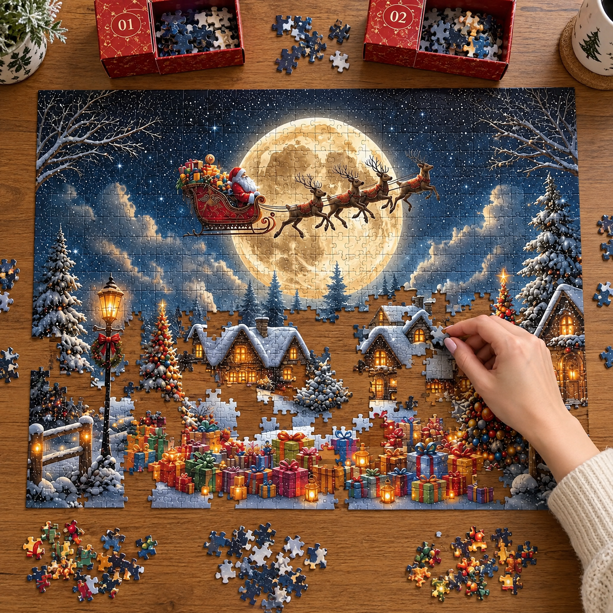 Snow Village jigsaw puzzle half built, moon and sleigh complete