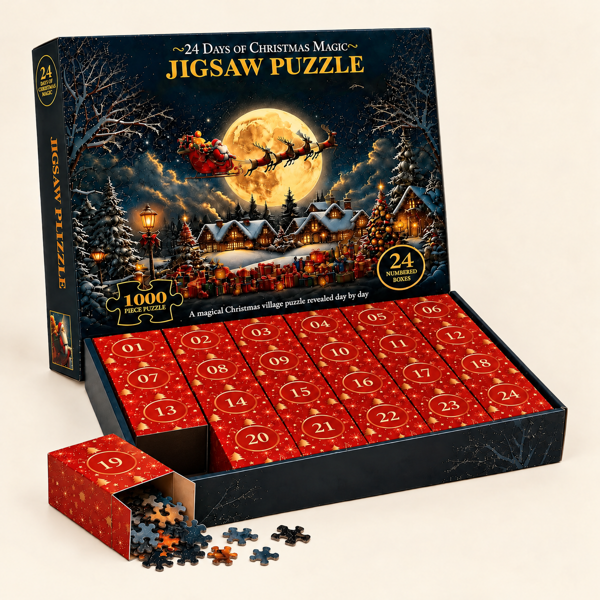 Snow Village advent calendar puzzle box open, showing 24 red numbered boxes